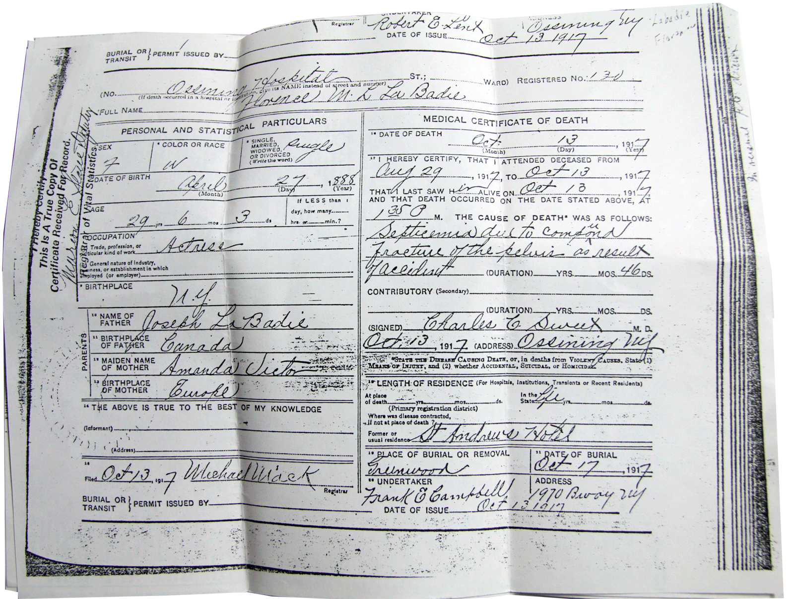 Florence LaBadie death certificate